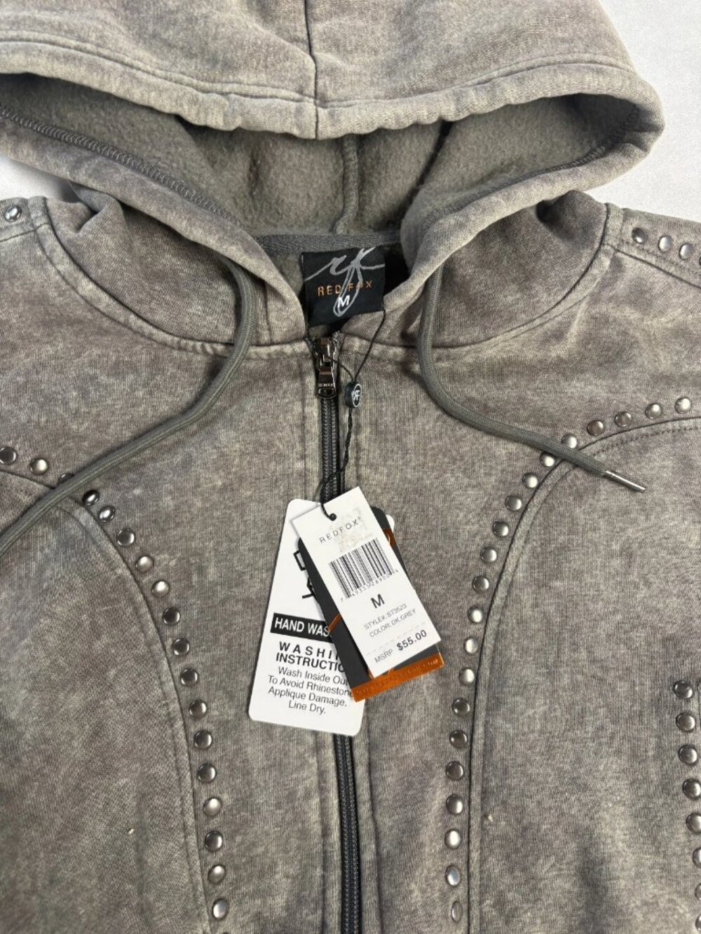 NWT Red Fox Womens Studded Cropped Fleece Full-Zip Hoodie Charcoal Wash Size M - Picture 4 of 7